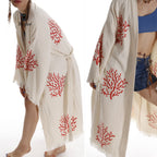 Organic Cotton Red Sea Coral Beach Kimono: Eco-Friendly Handmade Robe