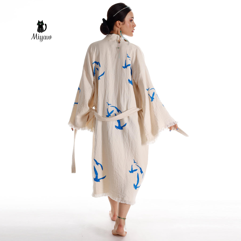 Handcrafted Seagull Print Kimono Robe in Organic Cotton - Bohemian Beach Cover Up