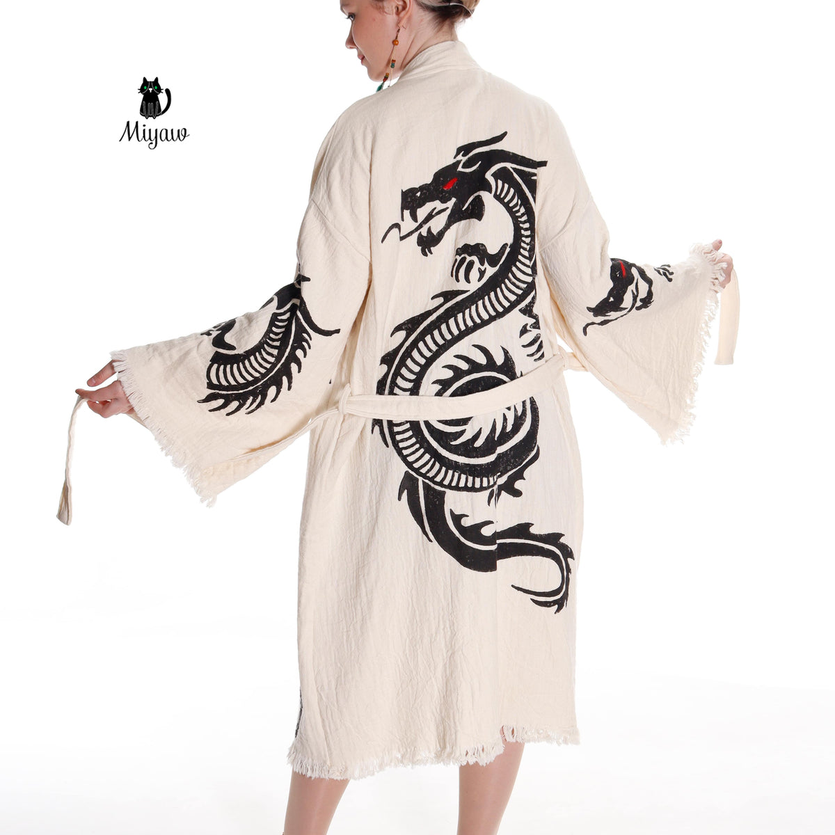 Boho Cotton Bath Robe – Organic Cotton Kimono Robe for Women, Dragon Gown & Beach Cover Ups