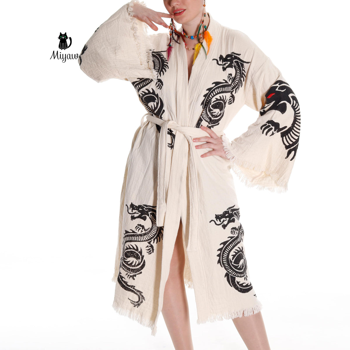 Boho Cotton Bath Robe – Organic Cotton Kimono Robe for Women, Dragon Gown & Beach Cover Ups