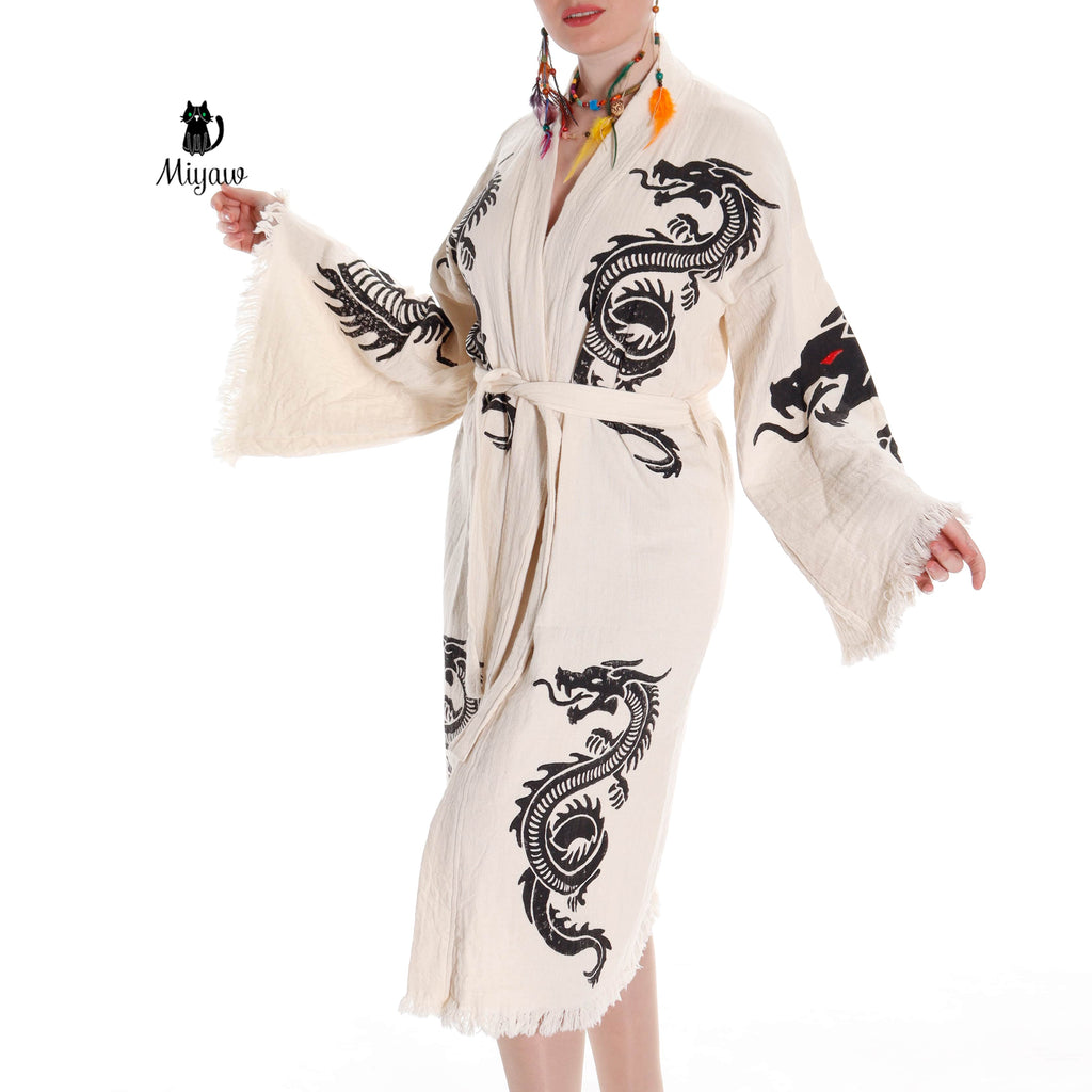 Boho Cotton Bath Robe – Organic Cotton Kimono Robe for Women, Dragon Gown & Beach Cover Ups