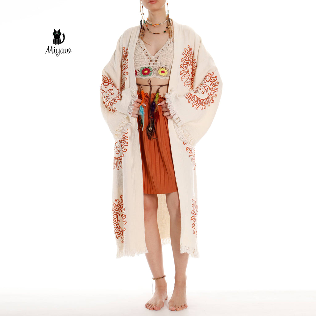 Unique Sun Stamped Robe: Eco-Friendly Organic Cotton Boho Kimono