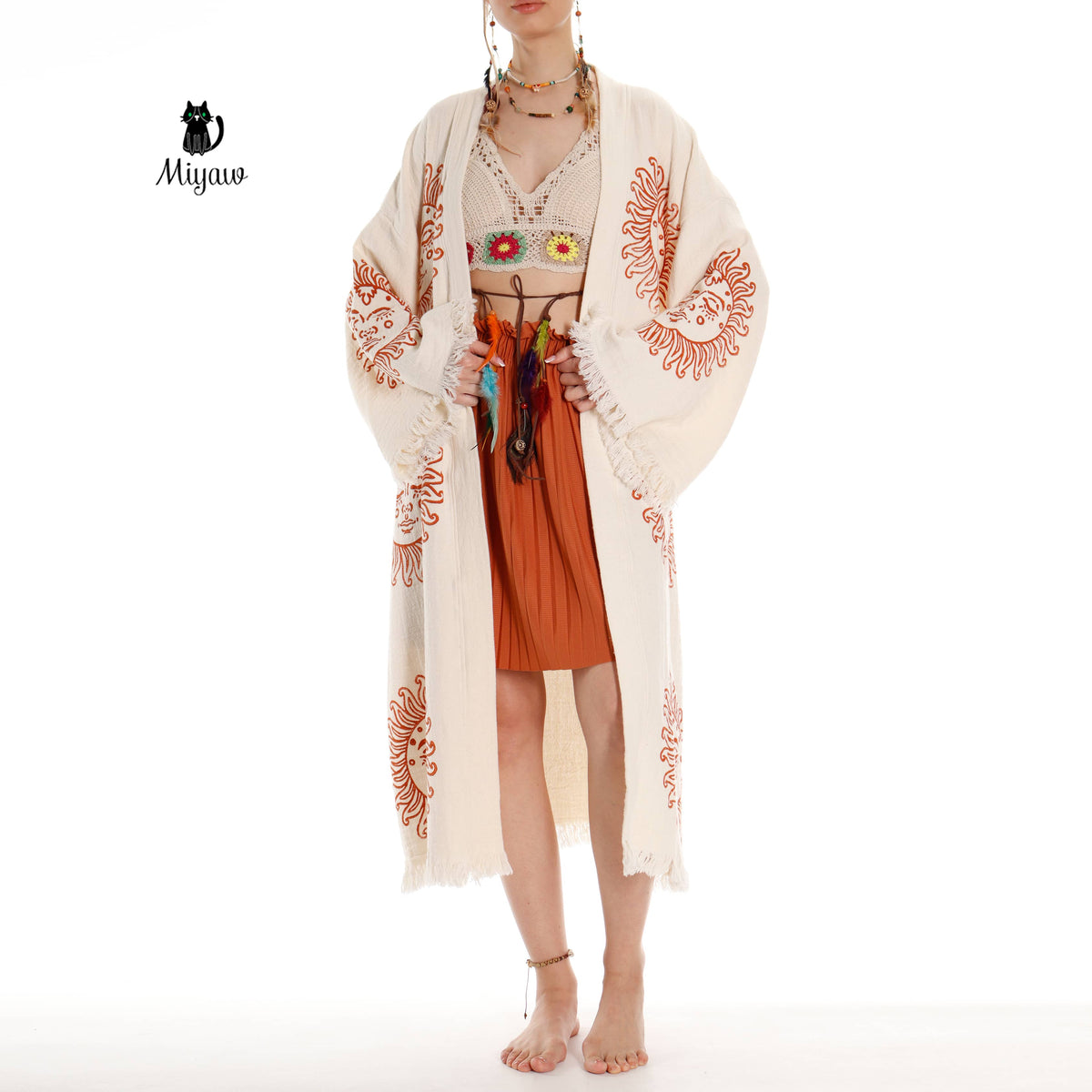Unique Sun Stamped Robe: Eco-Friendly Organic Cotton Boho Kimono