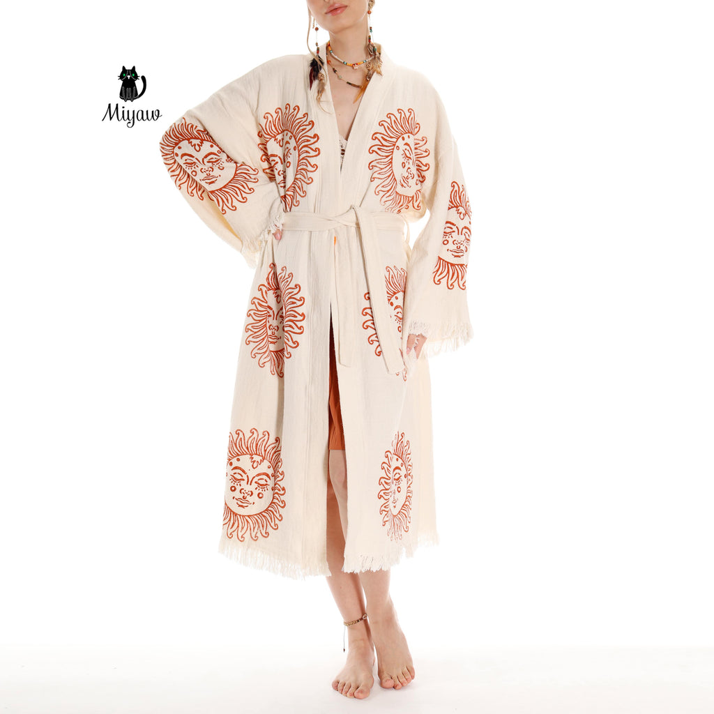 Unique Sun Stamped Robe: Eco-Friendly Organic Cotton Boho Kimono
