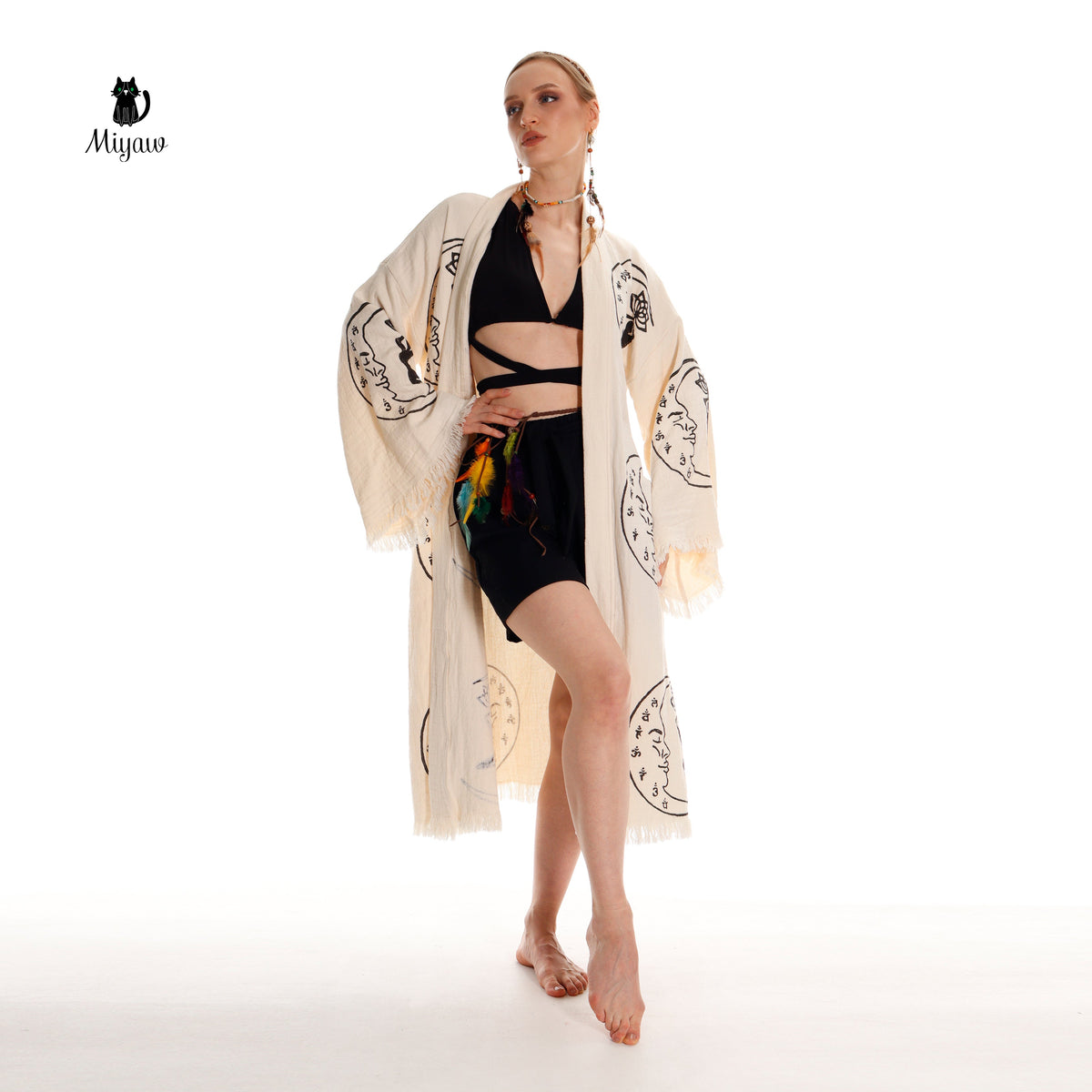 Boho Cotton Kimono Robe – Yoga Girl & Moon Stamp, Organic Loungewear