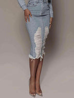 Distressed Slit Denim Skirt in 100 Percent Cotton Fabric