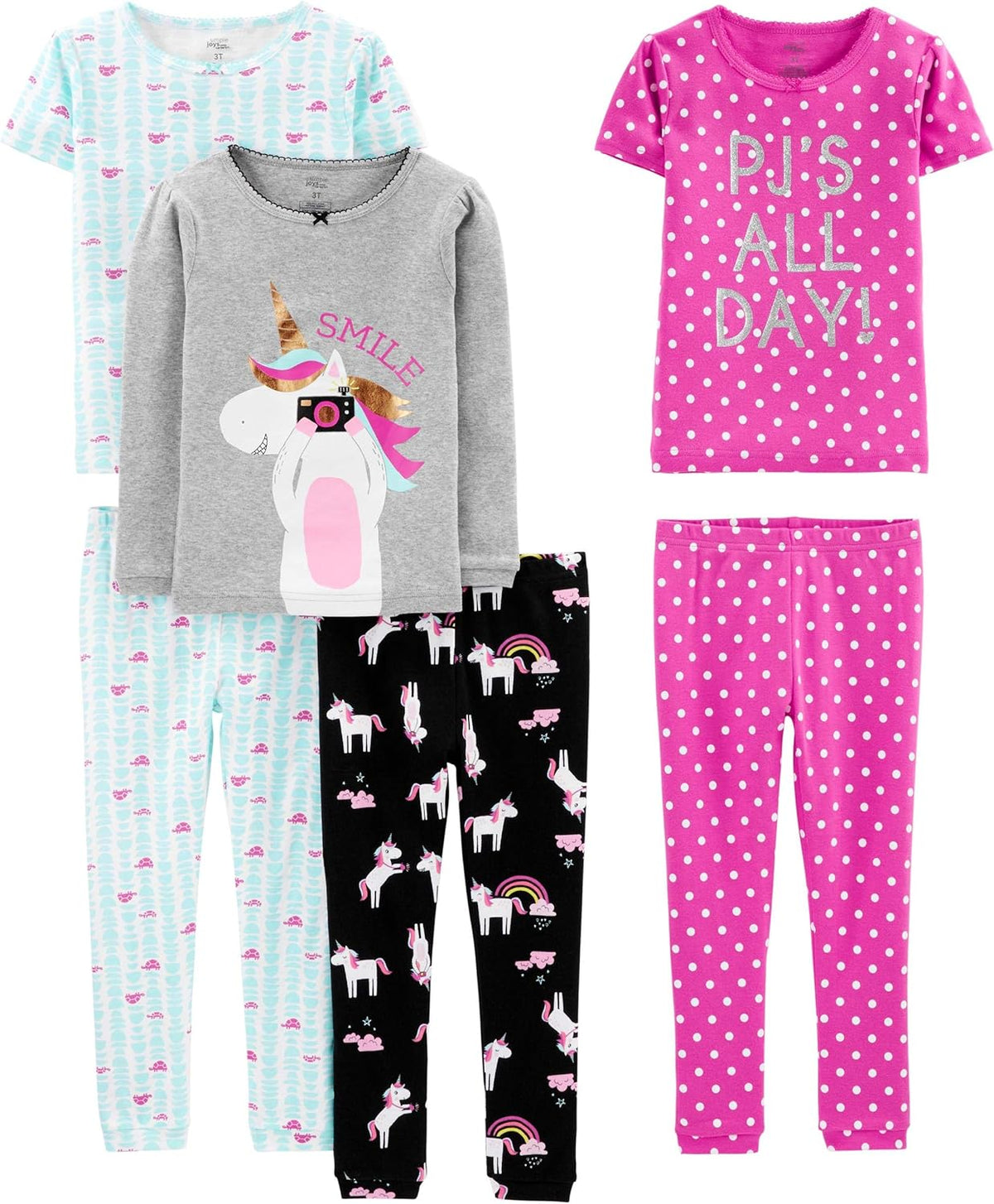 Girls Cotton Pajama Set 6-Piece - Snug Fit PJ Pack for Babies Toddlers