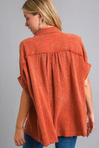 Umgee Full Size Cotton Gauze Mineral Wash Button Down Shirt Plus Size