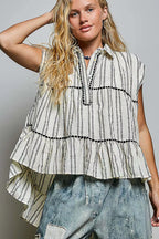 POL Striped Ruffle Collared Sleeveless Cotton Top
