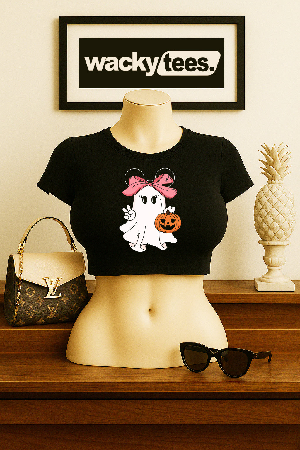 Cute Halloween Female Ghost with Pumpkin Trick Or Treating Graphic Tee Shirt