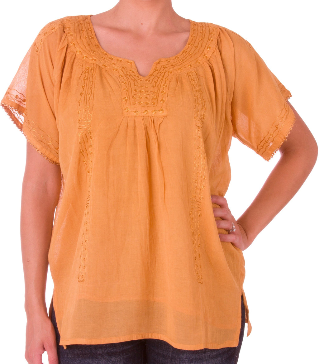Sakkas Embroidered 100% Cotton Semi-Sheer Short Sleeve Gauzy Top / Blouse