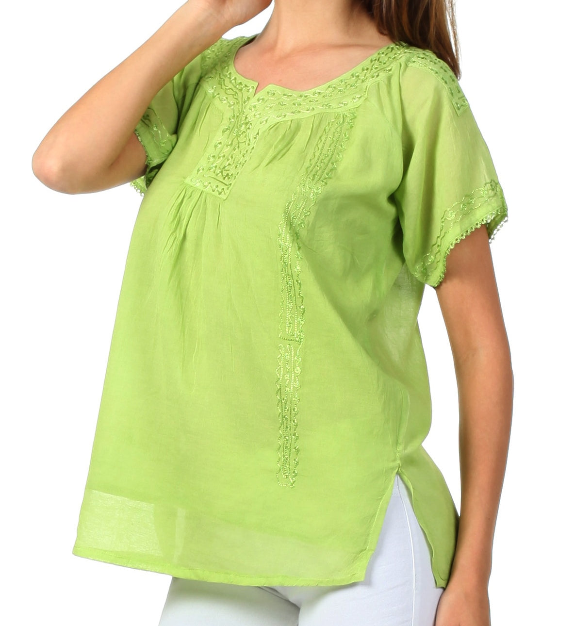 Sakkas Embroidered 100% Cotton Semi-Sheer Short Sleeve Gauzy Top / Blouse