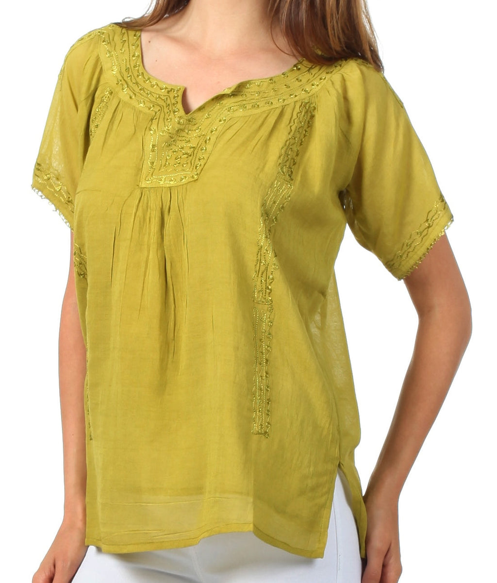 Sakkas Embroidered 100% Cotton Semi-Sheer Short Sleeve Gauzy Top / Blouse