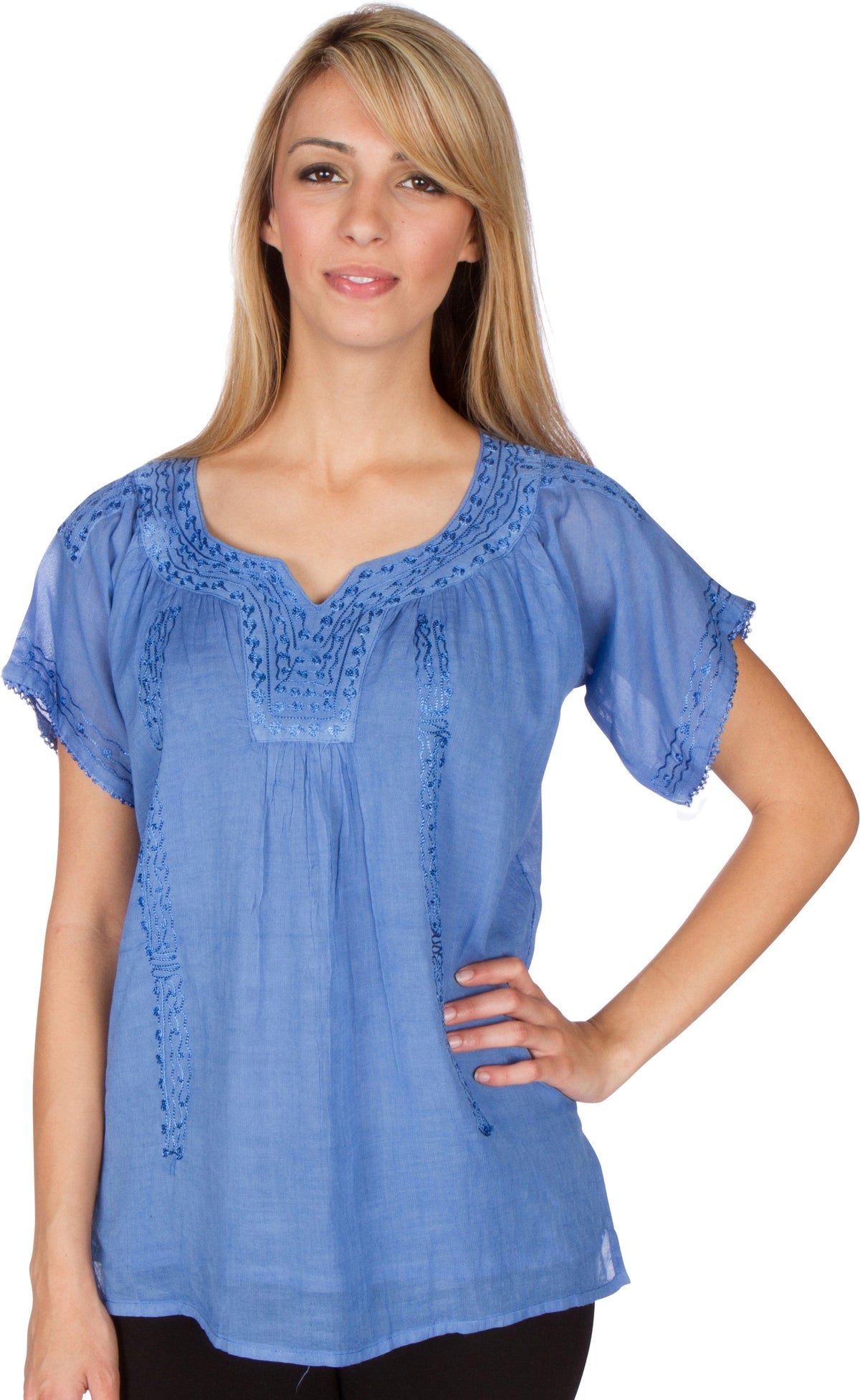 Sakkas Embroidered 100% Cotton Semi-Sheer Short Sleeve Gauzy Top / Blouse