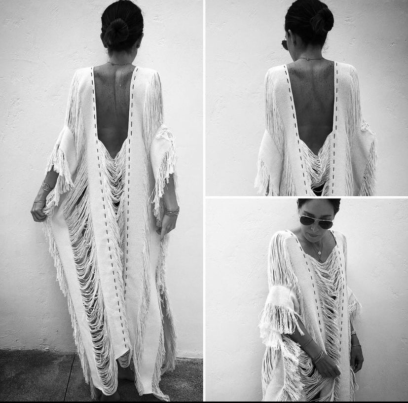 Handmade Frayed Maxi Beach Dress BO Swim Cover up 100% RAW Cotton