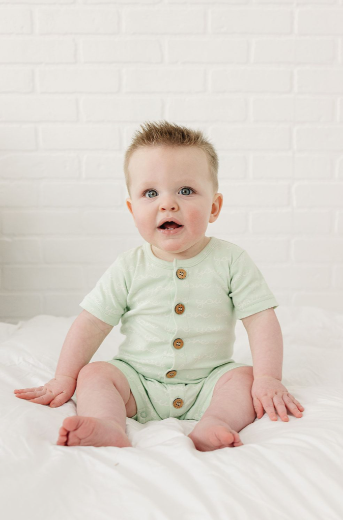 GOTS Certified Organic Cotton Short Sleeve Romper - I Love You (Desert Green)