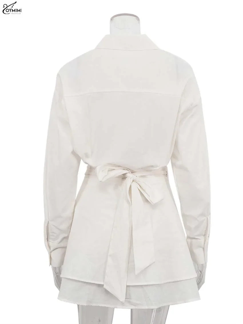 Oymimi Elegant Beige Cotton Two Piece Set For Woman Fashion Long Sleeve Button Shirts And High Waist Lace-Up Mini Skirts Sets