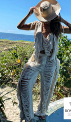 Handmade Frayed Set Pants & Crop "EMMA",  Organic Clothing 100% RAW Cotton