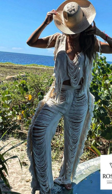 Handmade Frayed Set Pants & Crop "EMMA",  Organic Clothing 100% RAW Cotton