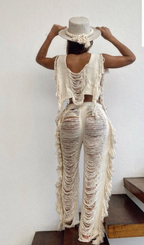 Handmade Frayed Set Pants & Crop "EMMA",  Organic Clothing 100% RAW Cotton