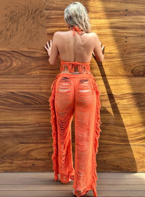 Handmade Frayed Set Pants & Crop "MILA",  Organic Clothing 100% RAW Cotton