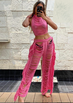 Handmade Frayed Set Pants & Crop "MILA",  Organic Clothing 100% RAW Cotton