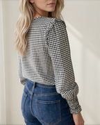 Ava Plaid Ruffle Blouse | Shirred Cuff Cotton Top