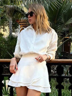 Oymimi Elegant Beige Cotton Two Piece Set For Woman Fashion Long Sleeve Button Shirts And High Waist Lace-Up Mini Skirts Sets