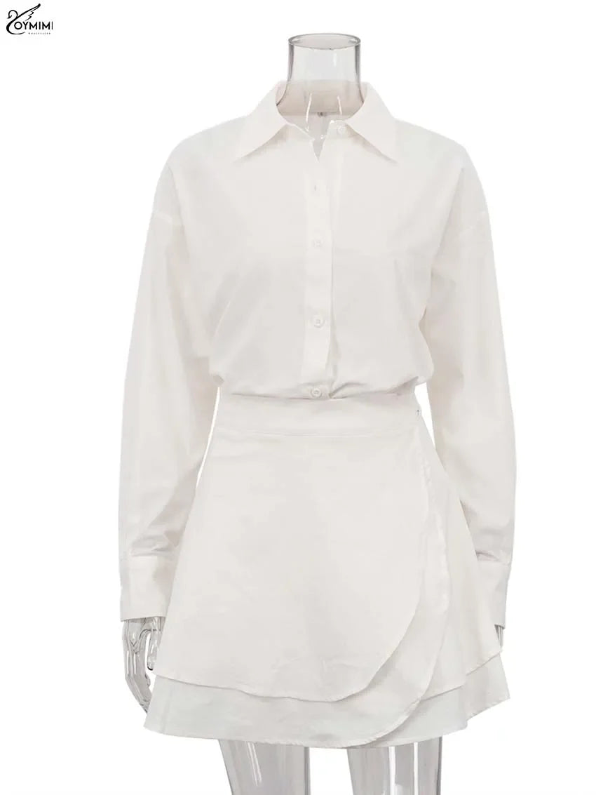 Oymimi Elegant Beige Cotton Two Piece Set For Woman Fashion Long Sleeve Button Shirts And High Waist Lace-Up Mini Skirts Sets