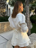Oymimi Elegant Beige Cotton Two Piece Set For Woman Fashion Long Sleeve Button Shirts And High Waist Lace-Up Mini Skirts Sets