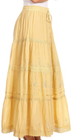 Sakkas Solid Embroidered Crochet Lace Trim Gypsy Bohemian Mid Length Cotton Skirt