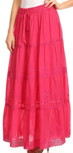 Sakkas Solid Embroidered Crochet Lace Trim Gypsy Bohemian Mid Length Cotton Skirt