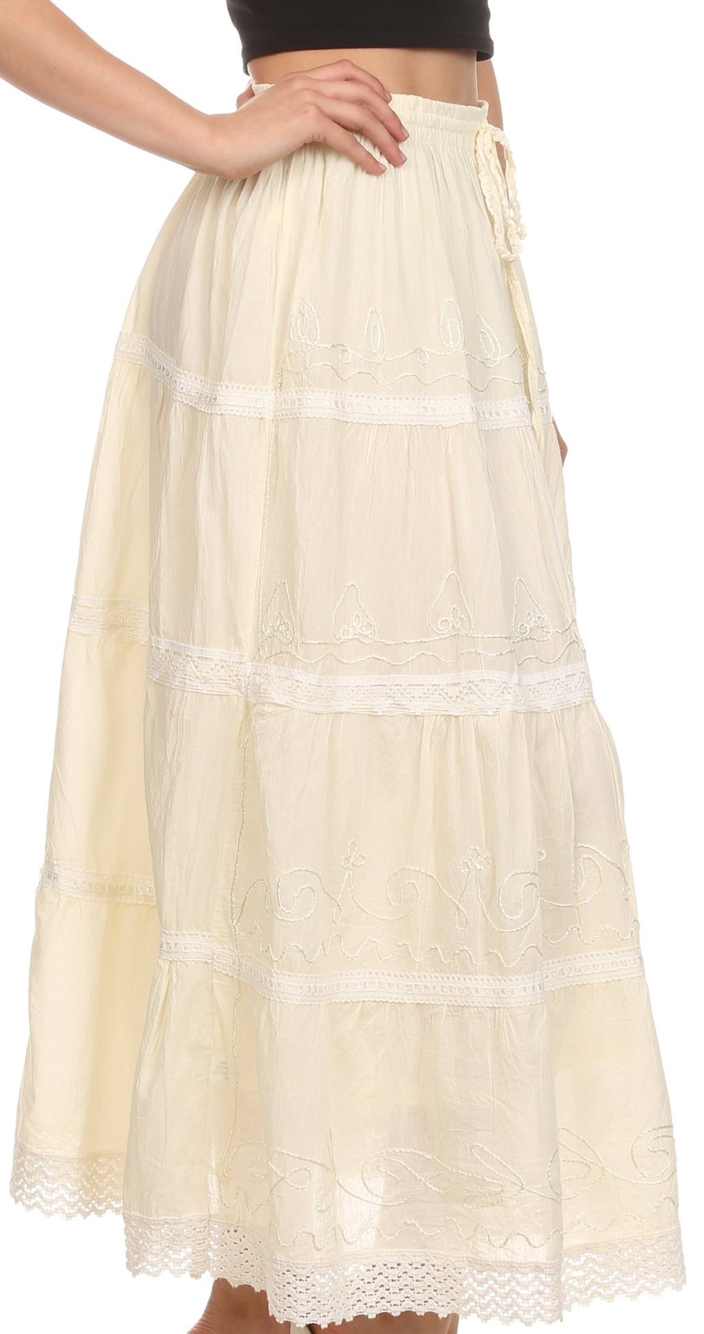 Sakkas Solid Embroidered Crochet Lace Trim Gypsy Bohemian Mid Length Cotton Skirt