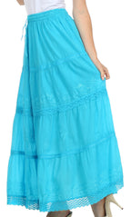 Sakkas Solid Embroidered Crochet Lace Trim Gypsy Bohemian Mid Length Cotton Skirt