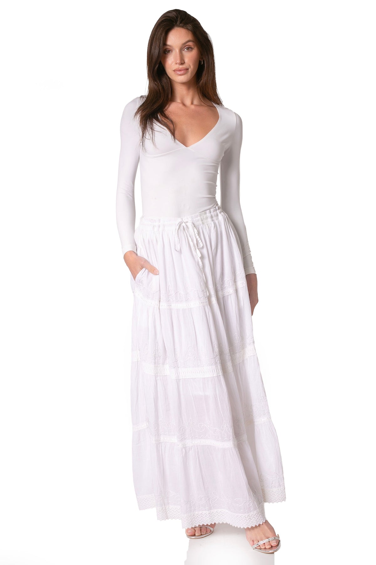 Sakkas Solid Embroidered Crochet Lace Trim Gypsy Bohemian Mid Length Cotton Skirt