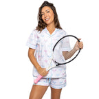 Women's Tennis Bows Short PJ Set - Blue Pink Organic Cotton Poplin