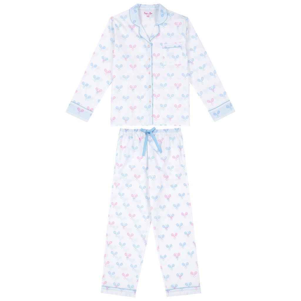 Women's Tennis Bows Long PJ Set - Blue Pink Organic Cotton Poplin