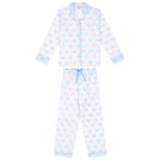 Women's Tennis Bows Long PJ Set - Blue Pink Organic Cotton Poplin