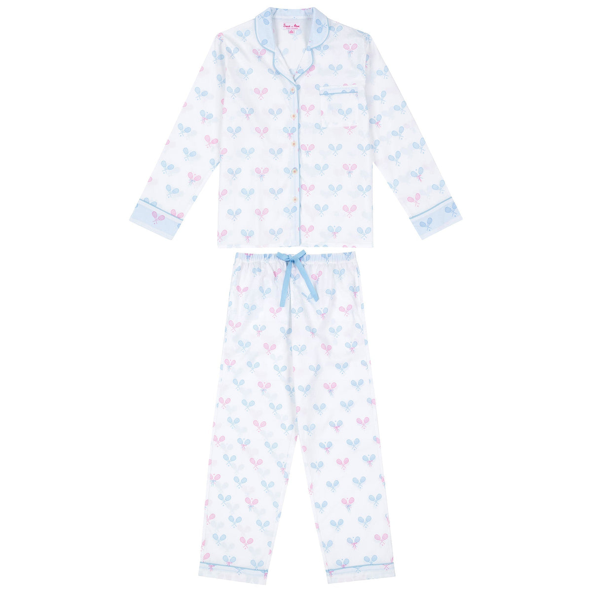 Women's Tennis Bows Long PJ Set - Blue Pink Organic Cotton Poplin