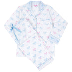 Women's Tennis Bows Long PJ Set - Blue Pink Organic Cotton Poplin