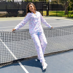 Women's Tennis Bows Long PJ Set - Blue Pink Organic Cotton Poplin