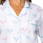 Women's Tennis Bows Long PJ Set - Blue Pink Organic Cotton Poplin