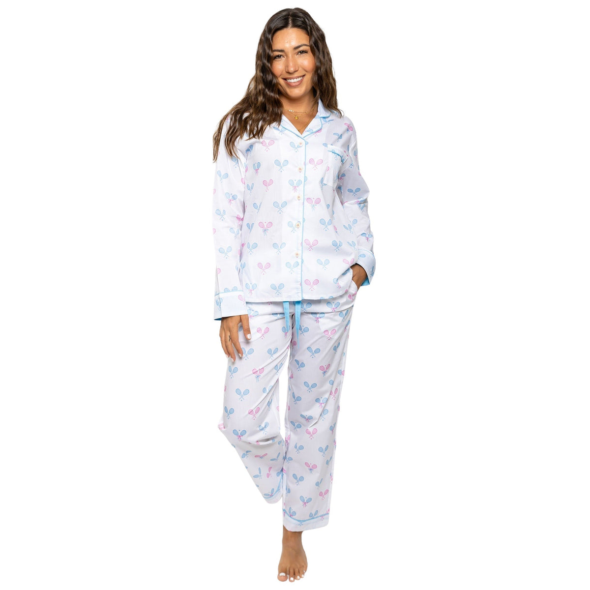 Women's Tennis Bows Long PJ Set - Blue Pink Organic Cotton Poplin