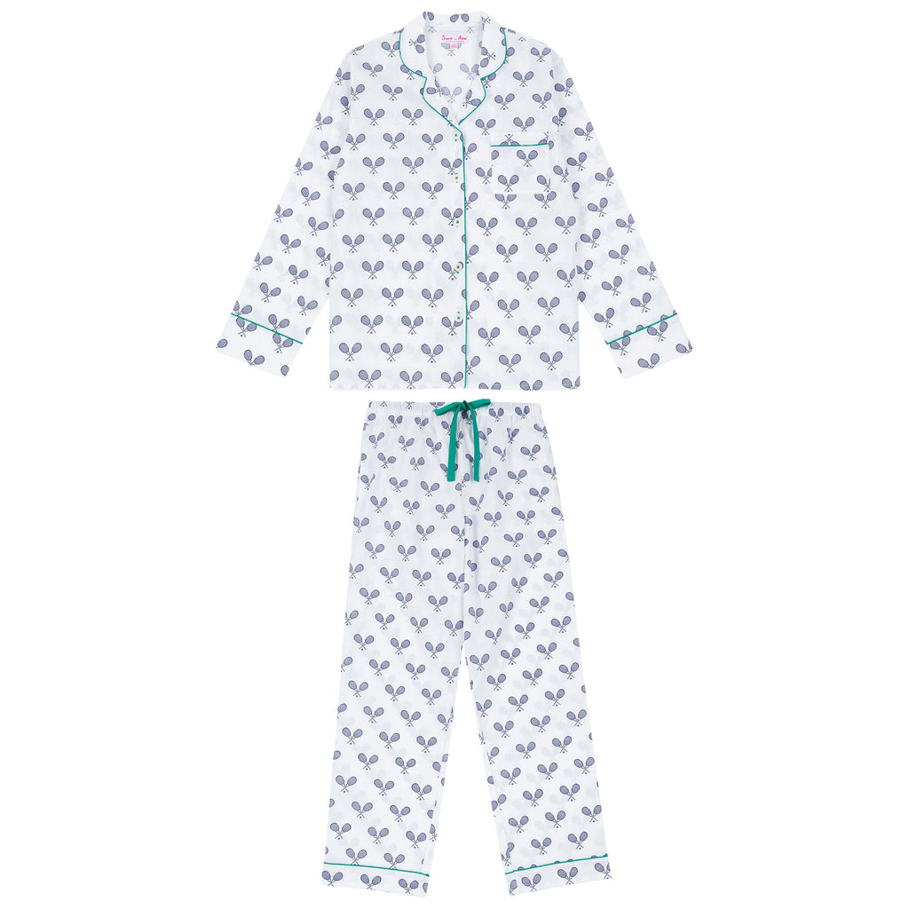 Women's Tennis Navy Long PJ Set - Organic Cotton Poplin