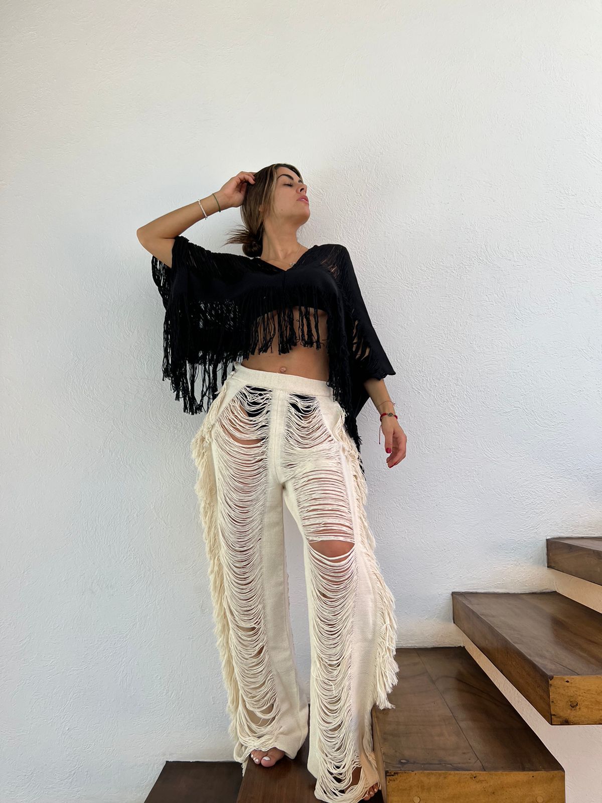 Handmade Frayed Set Pants & Crop "EMMA",  Organic Clothing 100% RAW Cotton