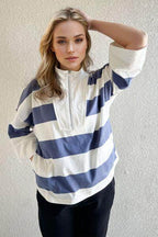 Oh Pima Cotton Wash Striped Half Zip Mock Neck Top