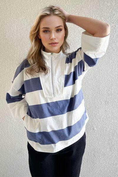 Oh Pima Cotton Wash Striped Half Zip Mock Neck Top