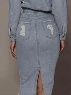 Distressed Slit Denim Skirt in 100 Percent Cotton Fabric