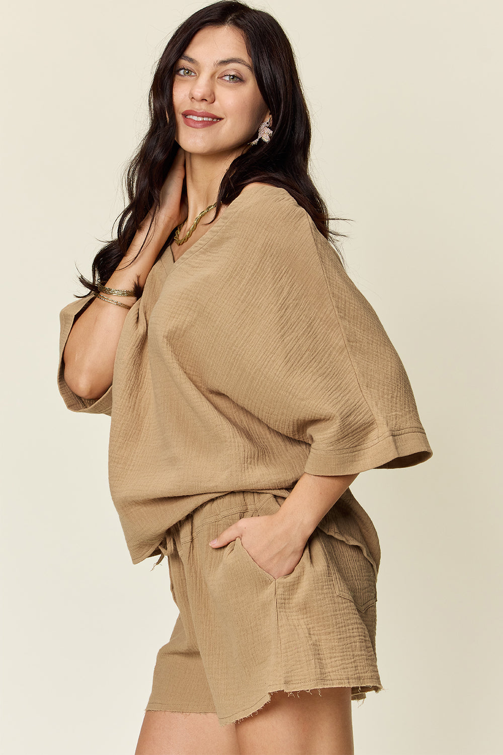 Textured Cotton T-Shirt and Drawstring Shorts Set