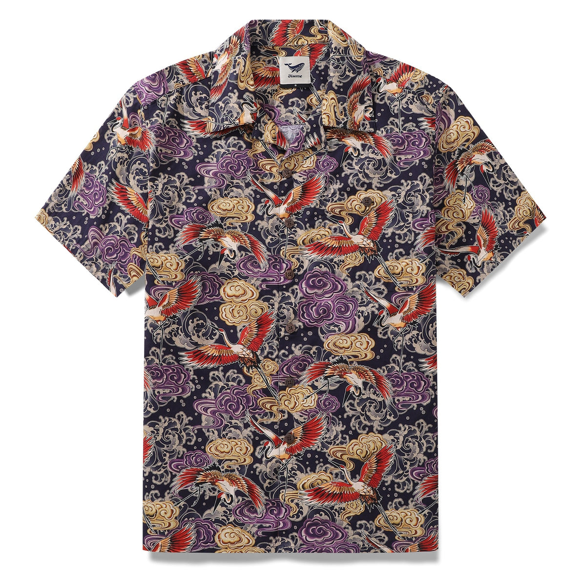 Hawaiian Shirt For Men Lonely Clouds and Free Cranes Print Shirt Camp Collar 100% Cotton By Yakima